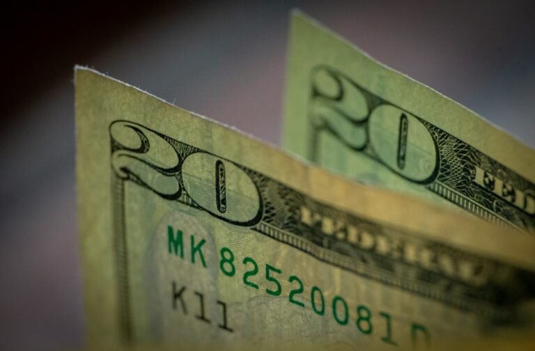 Close-up of U.S. twenty dollar bills.