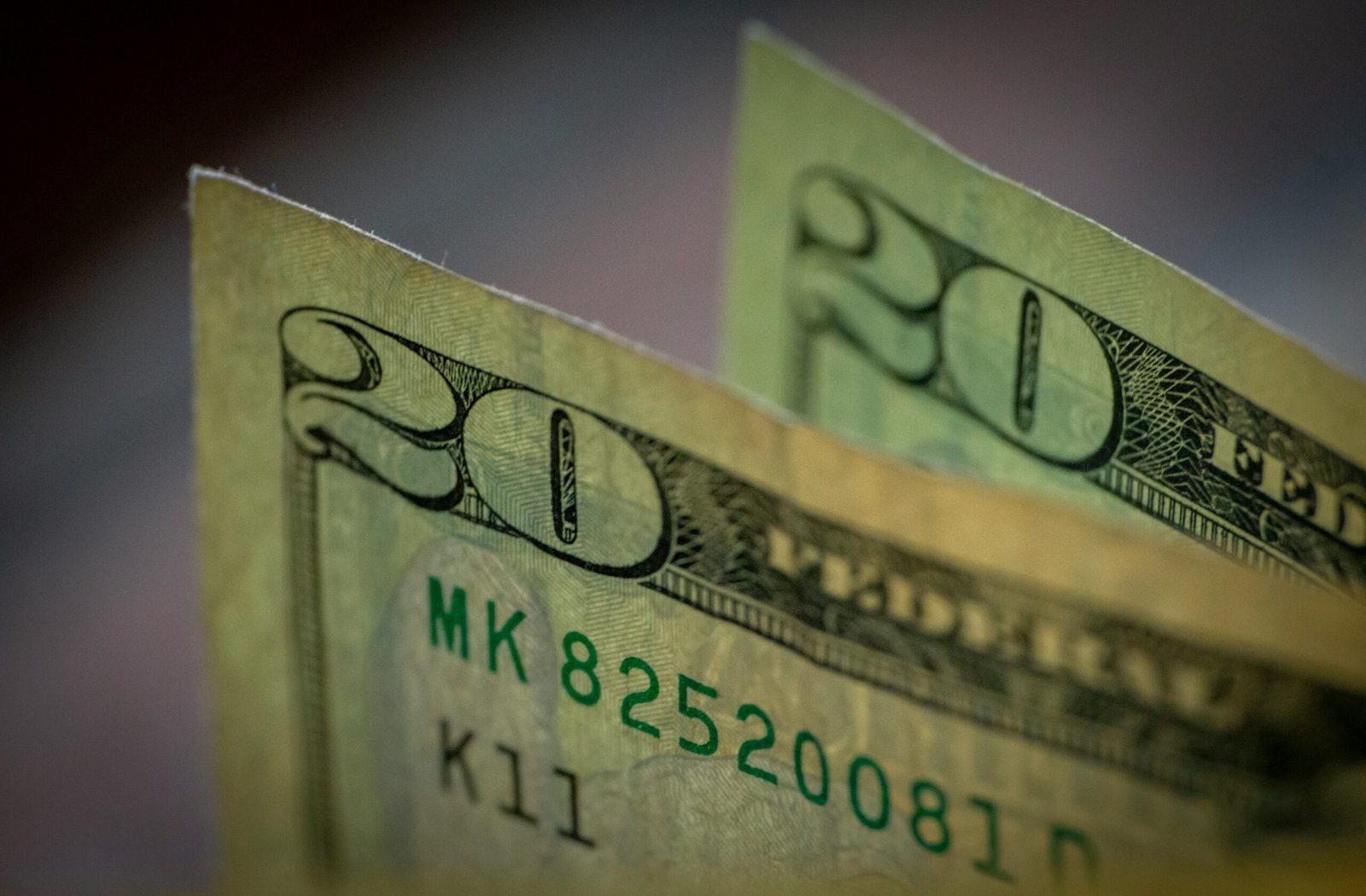 Close-up of U.S. twenty dollar bills.